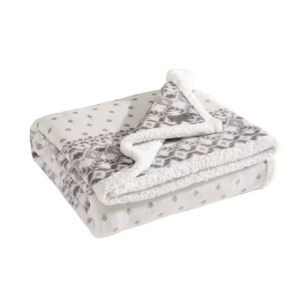 Fair Isle Peak 1-Piece Beige Ultra Sherpa Microfiber 50 in. x 60 in. Throw Blanket