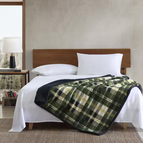 Trailhead Plaid Printed Sherpa Green Microfiber Throw Blanket