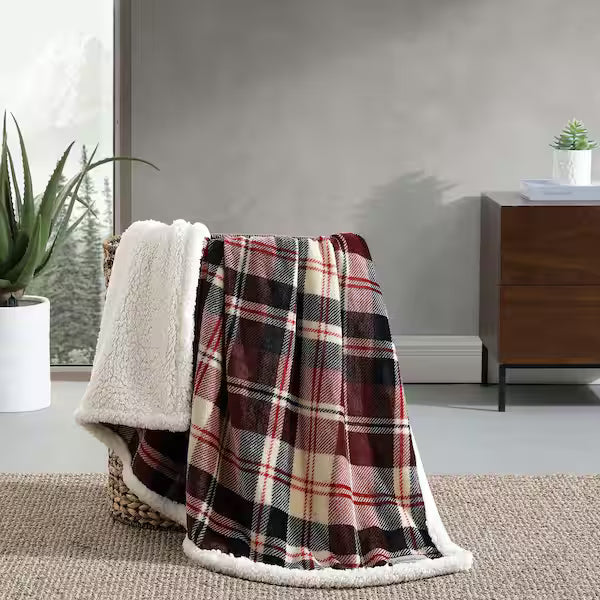 Trailhead Plaid Ultra Soft Sherpa Red Microfiber Throw Blanket by Eddie Bauer
