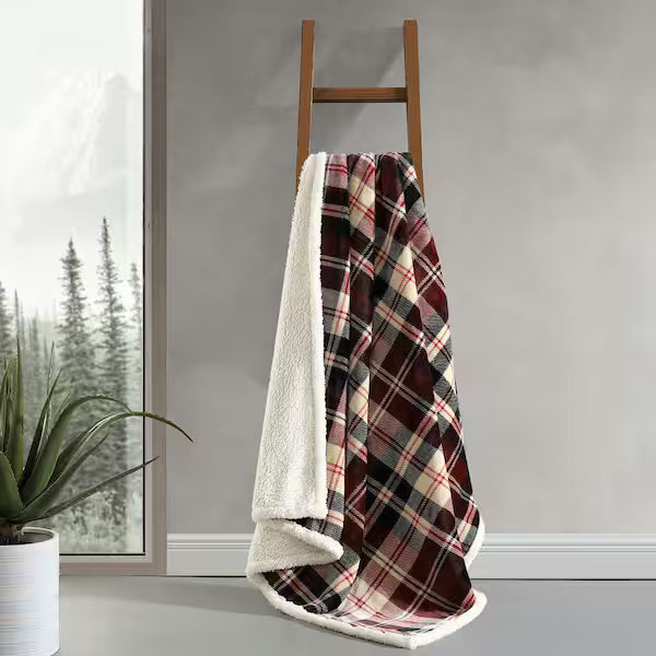 Trailhead Plaid Ultra Soft Sherpa Red Microfiber Throw Blanket by Eddie Bauer