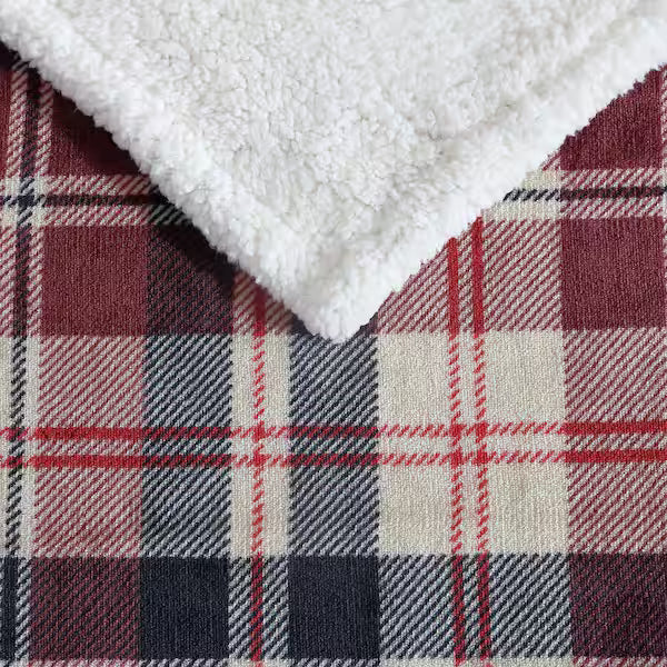 Trailhead Plaid Ultra Soft Sherpa Red Microfiber Throw Blanket by Eddie Bauer