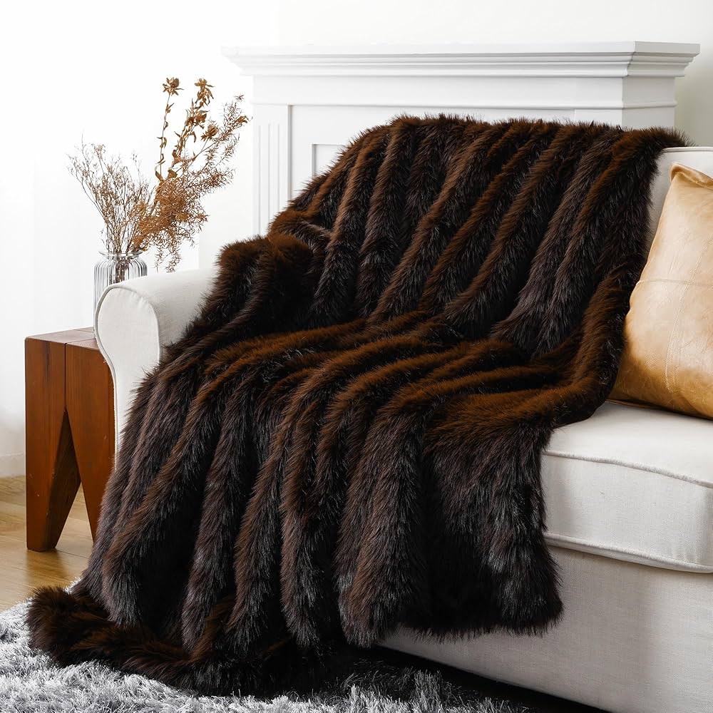 BATTILO HOME Luxury Fluffy Brown Faux Fur Throw Blanket
