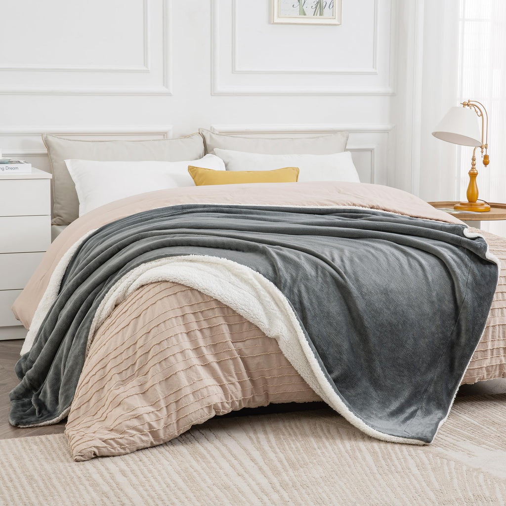Bedsure GentleSoft Sherpa Fleece Blankets Queen Size for Bed-Dark Grey
