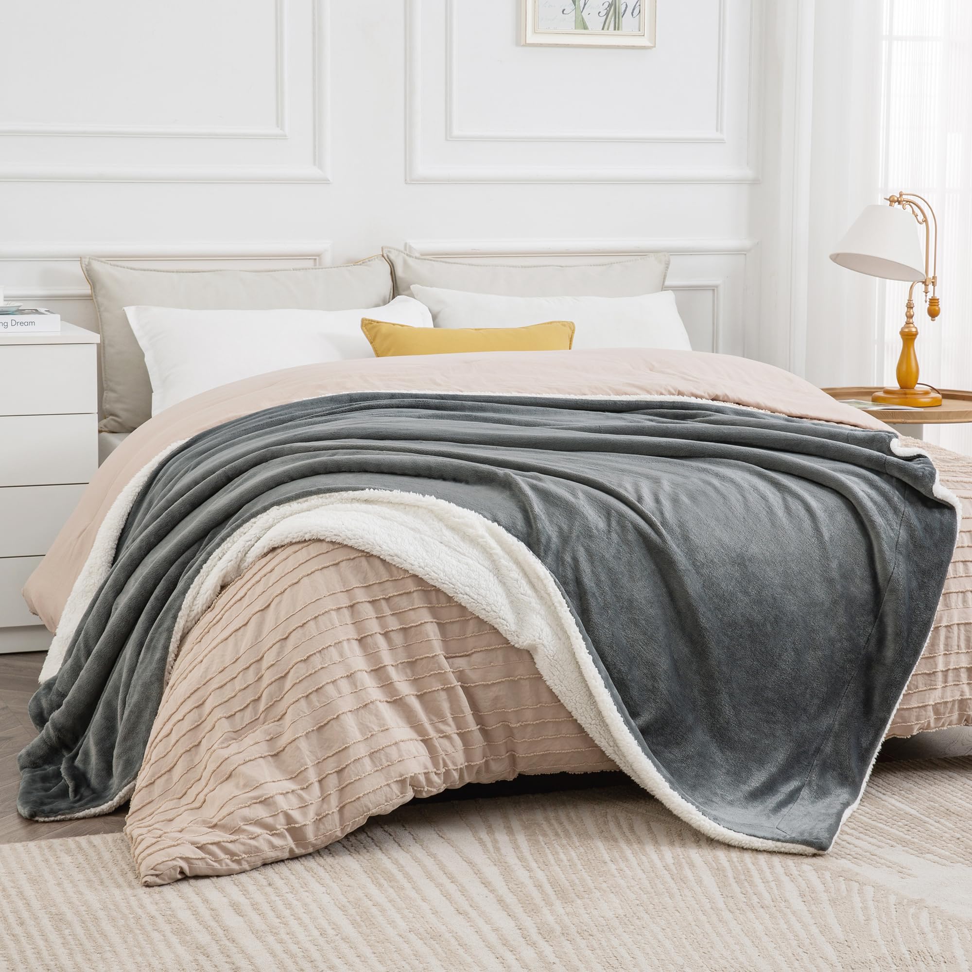 Bedsure GentleSoft Sherpa Fleece Blankets Queen Size for Bed-Dark Grey