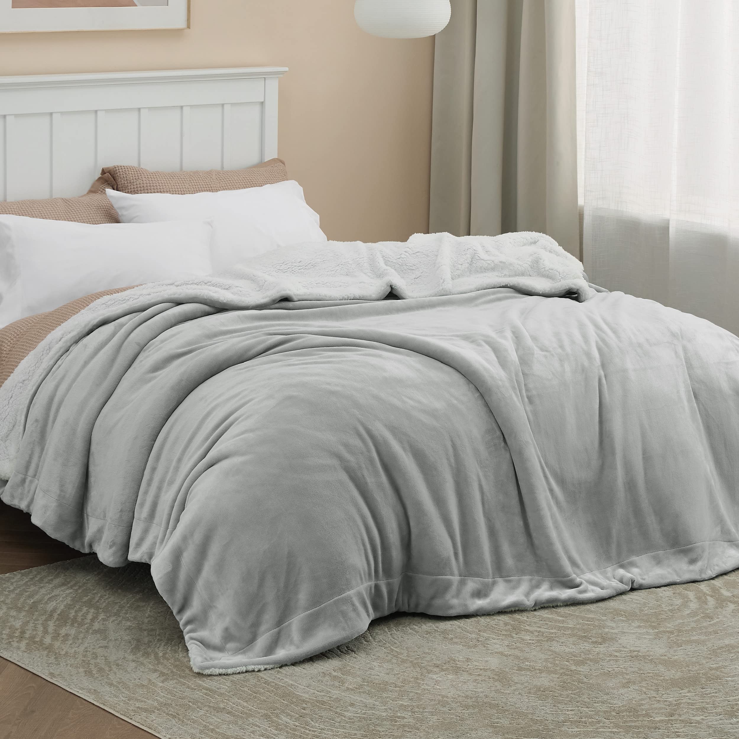 Bedsure GentleSoft Sherpa Fleece Blankets Queen Size for Bed-Grey