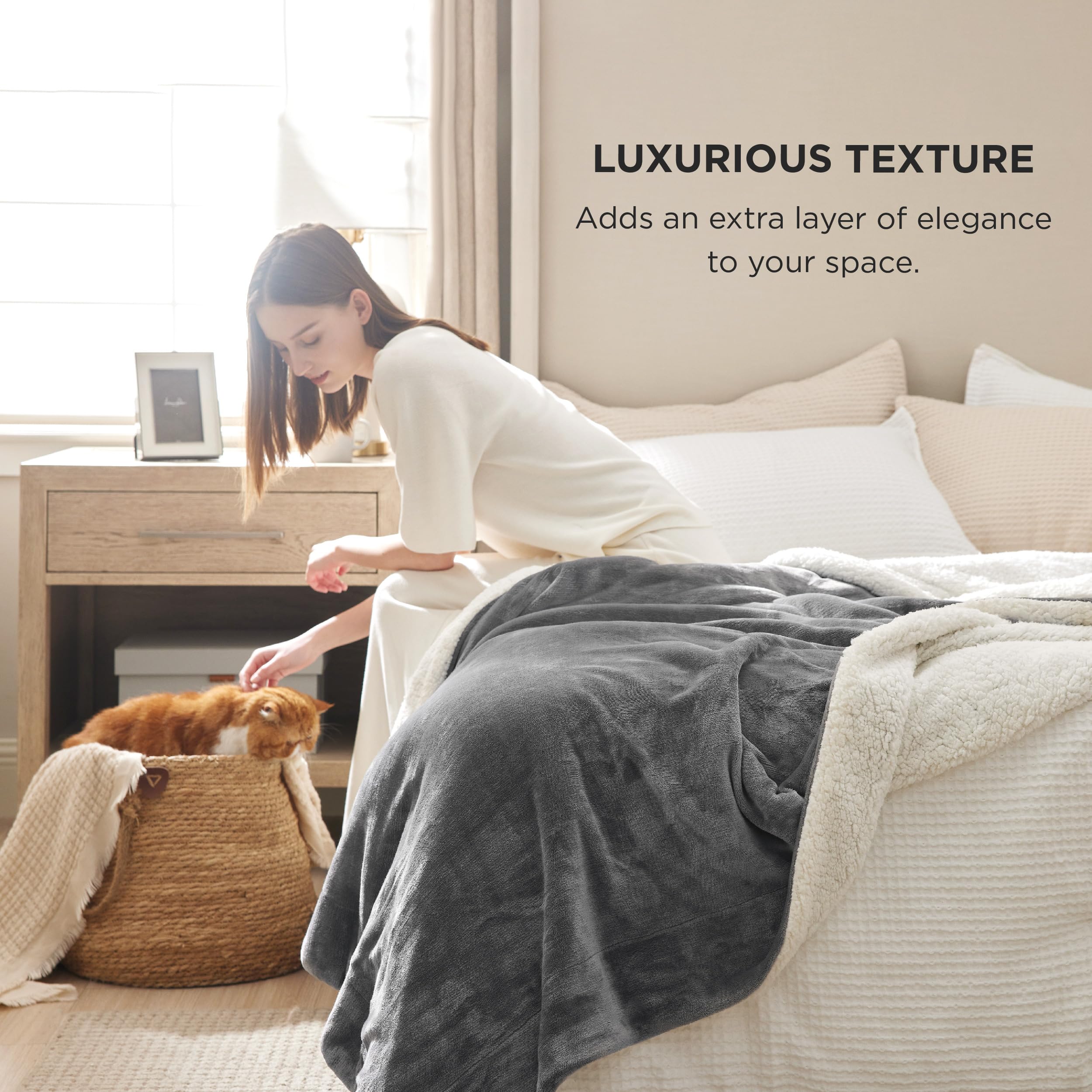 Bedsure GentleSoft Sherpa Fleece Blankets Queen Size for Bed-Dark Grey