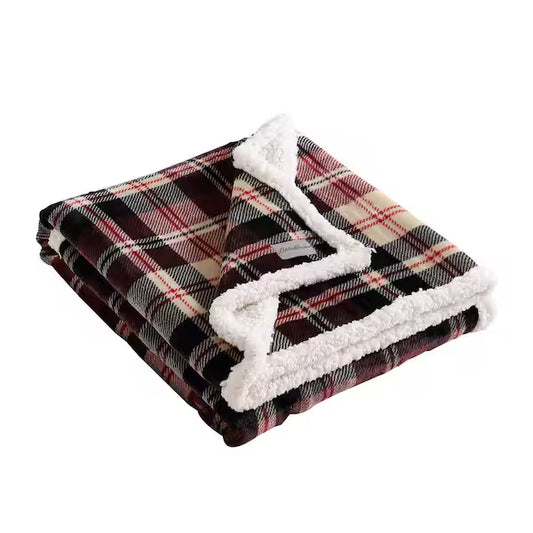 Trailhead Plaid Ultra Soft Sherpa Red Microfiber Throw Blanket by Eddie Bauer